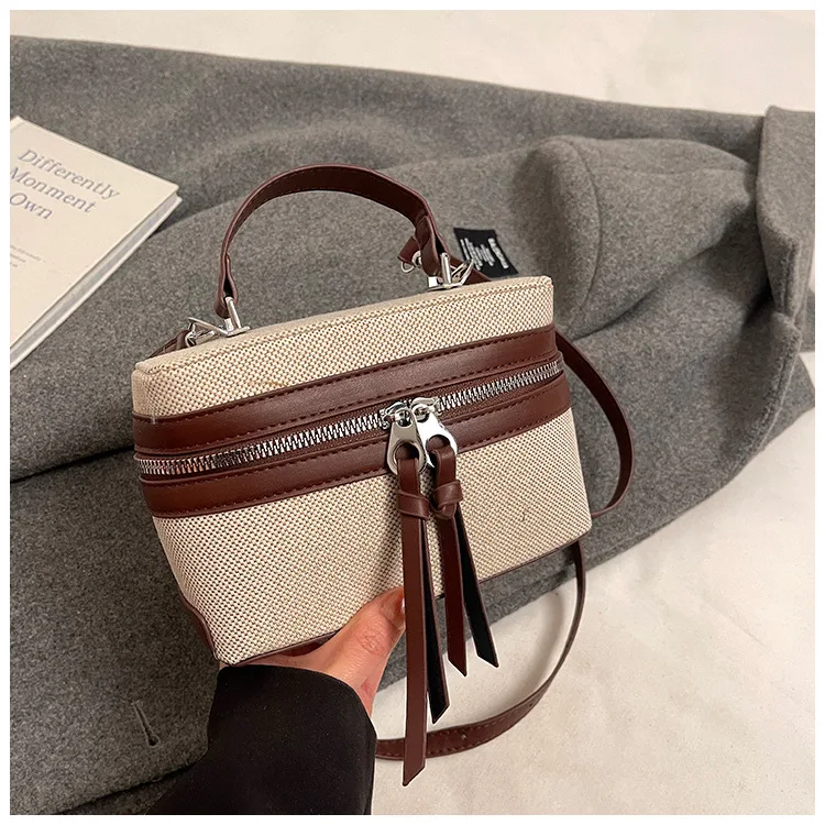 

New Color Blocking Box Bag for Women PU Splicing Zipper Handbag Korean Casual Fashion Canvas Shoulder Bag Female CrossBody Bags