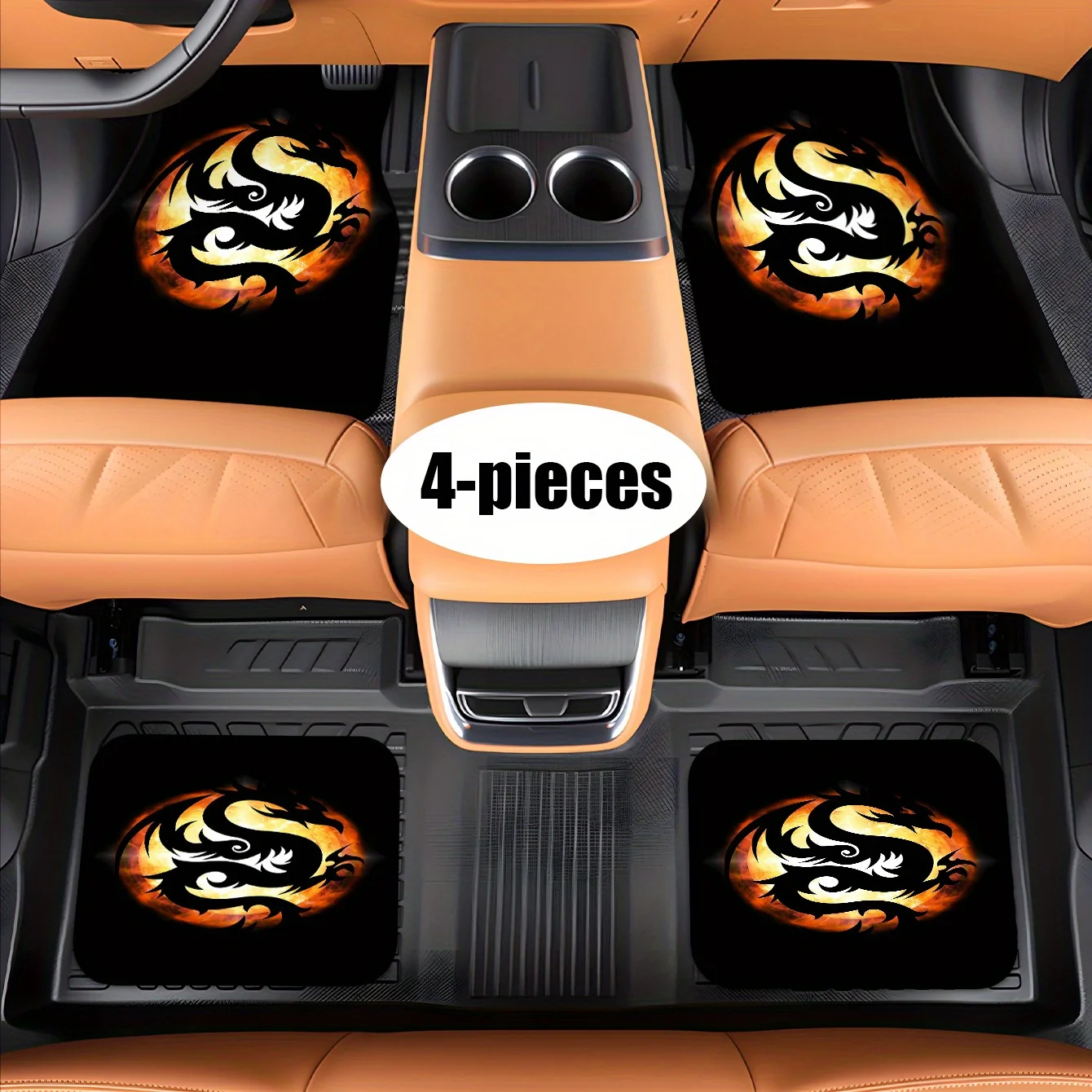 A Set Of Four High-End Round Car Mats With A Fiery Dragon Print, Suitable For Both Front And Rear, These Car Interior Additions