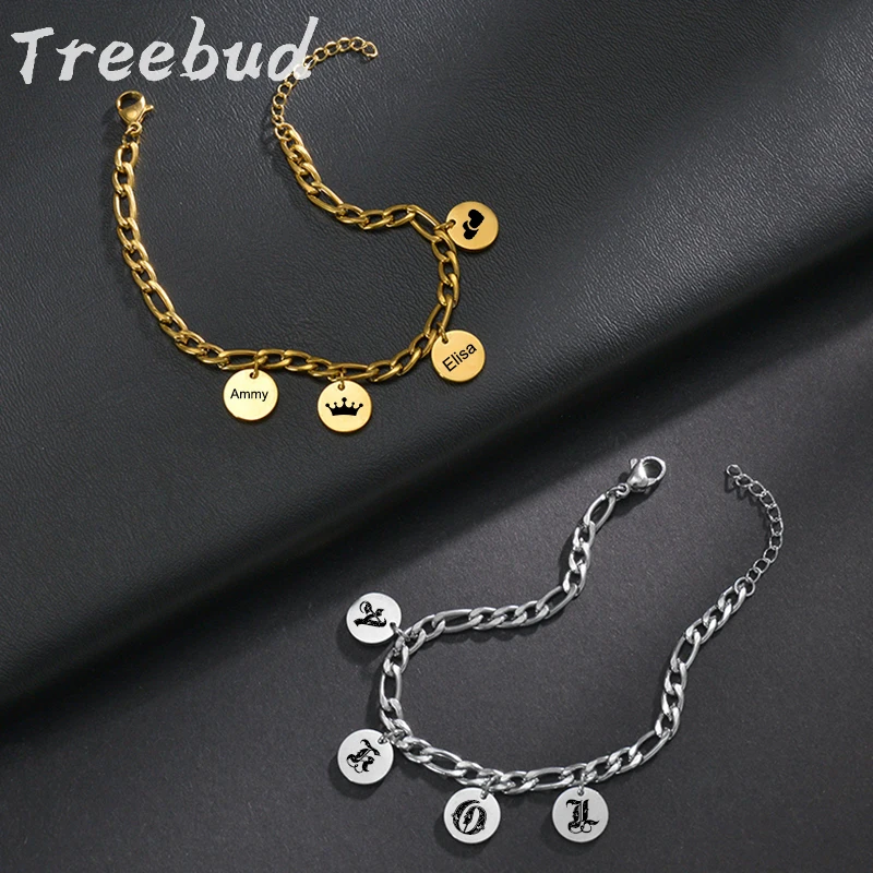 Treebud Custom Laser Engraved Name Bracelets for Women Men Personazlied Letters Date Round Pendant Thick Chain Bangle Jewelry