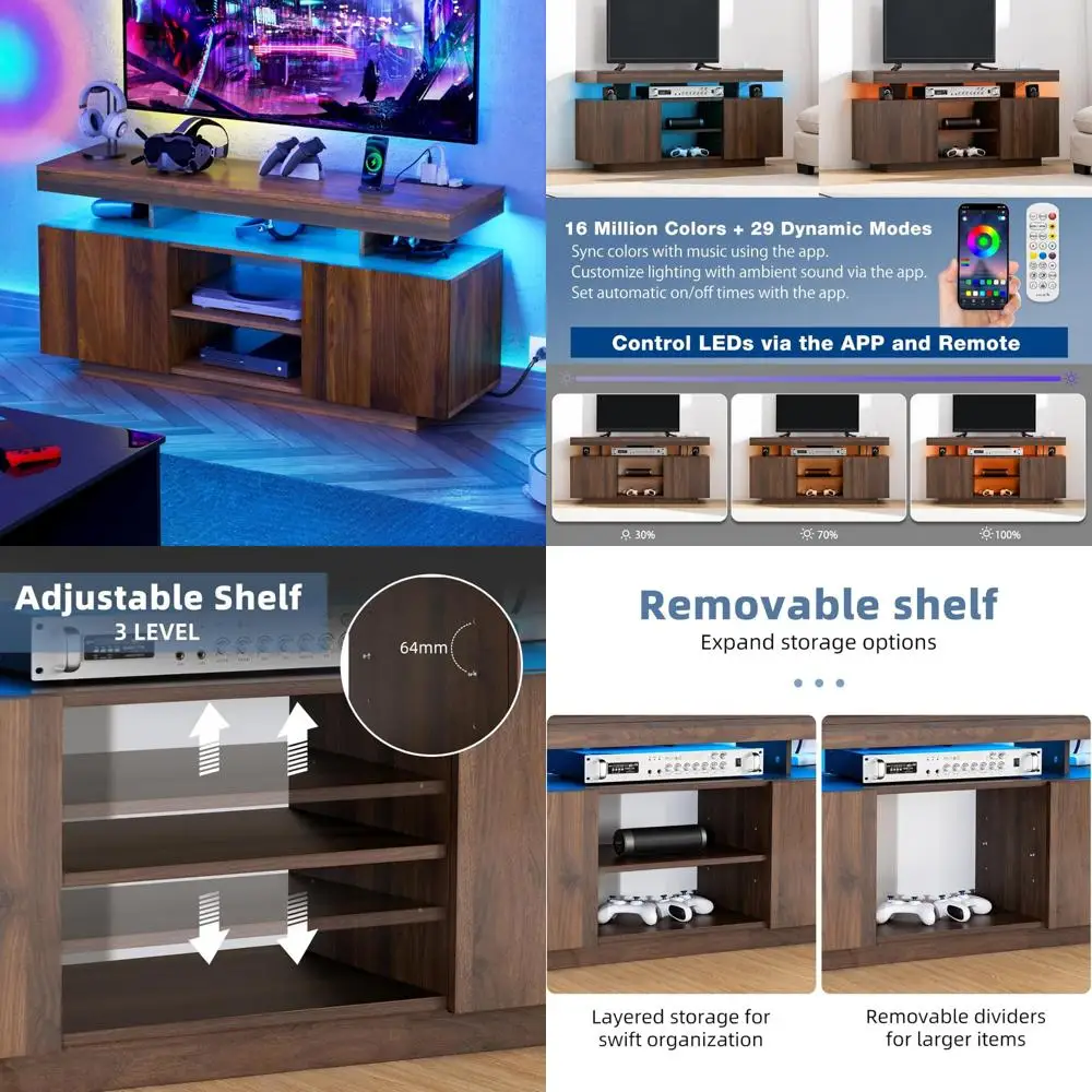 Modern Entertainment Center with Power Outlets - HOMMPA LED TV Stand for 55/50/43/40/32 Inch TVs, Gaming Console Storage Solutio