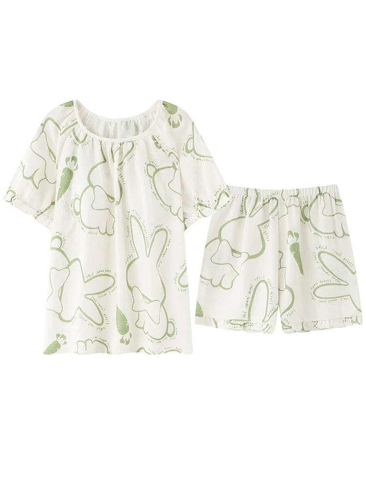 Summer Women's short-sleeved pajama set cotton with chest pad integrated loungewear  large size can be worn outside cartoon Pjs