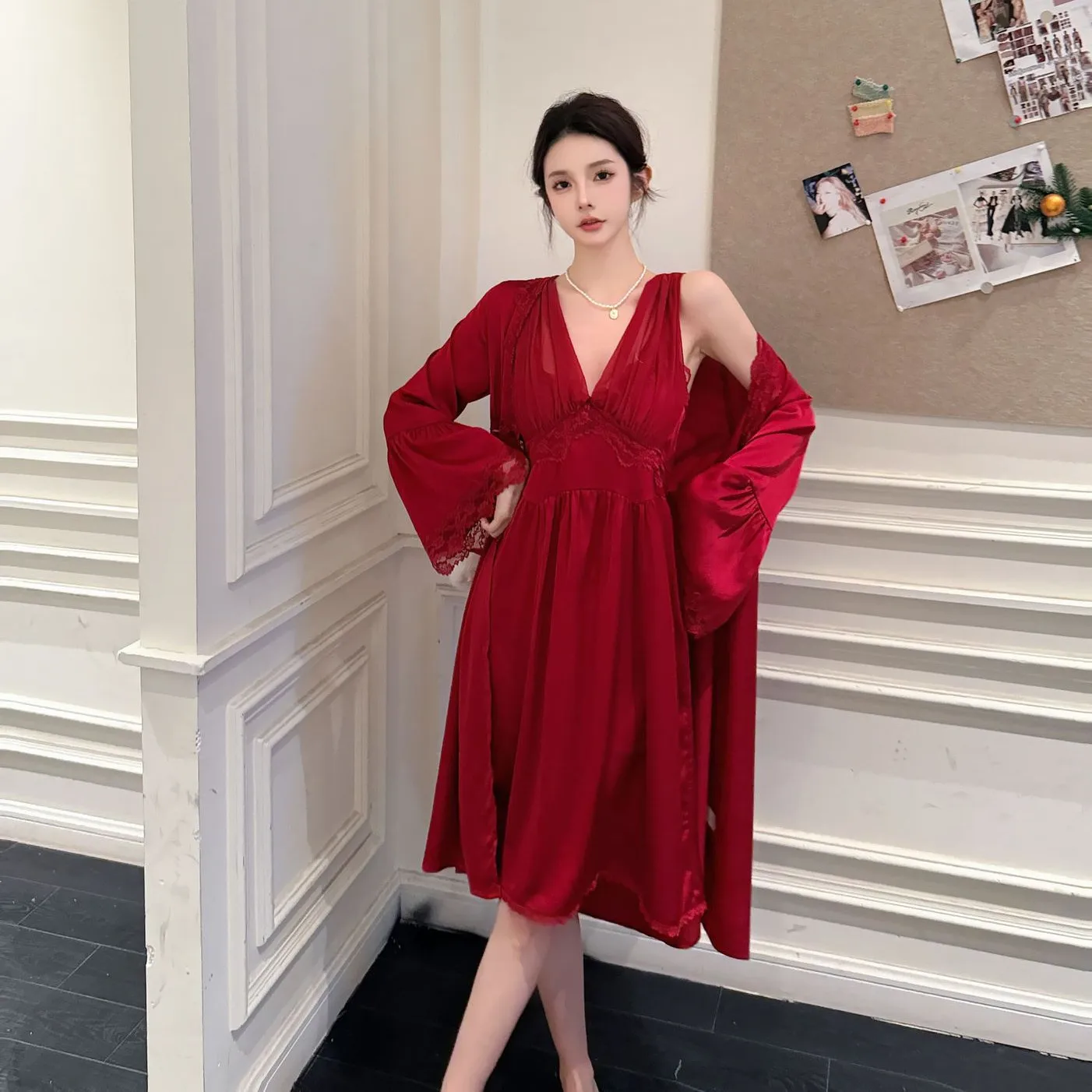 Backless Nightgowns Pajamas Solid Color Lace Cardigan Robe Homewear Night Dress Silk Robes for Women Sleepwear