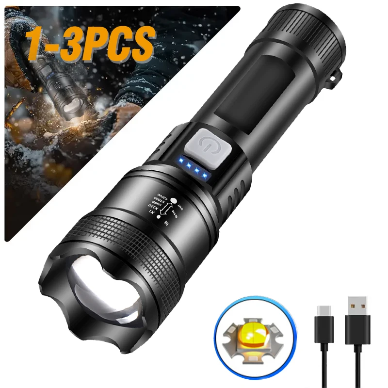 1-3PCS High Strong Power Led Flashlights Tactical Torch with Display Light USB Charging Camping Fishing Emergency Zoom Lantern