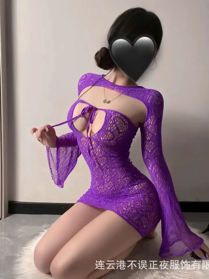 Purple Temptation Net Clothes Pure Desire Wrapping Long Sleeve Mini Dress Mesh Lace Sheer Uniform Dress Elegant Korean 1MHZ