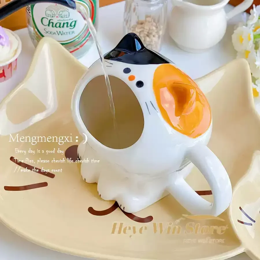 Cute Cat Mug, Cartoon Calico Cat Storage Rack, Desktop Pen Holder, Fun Gift Straw Cup, High-value Breakfast Milk Cup