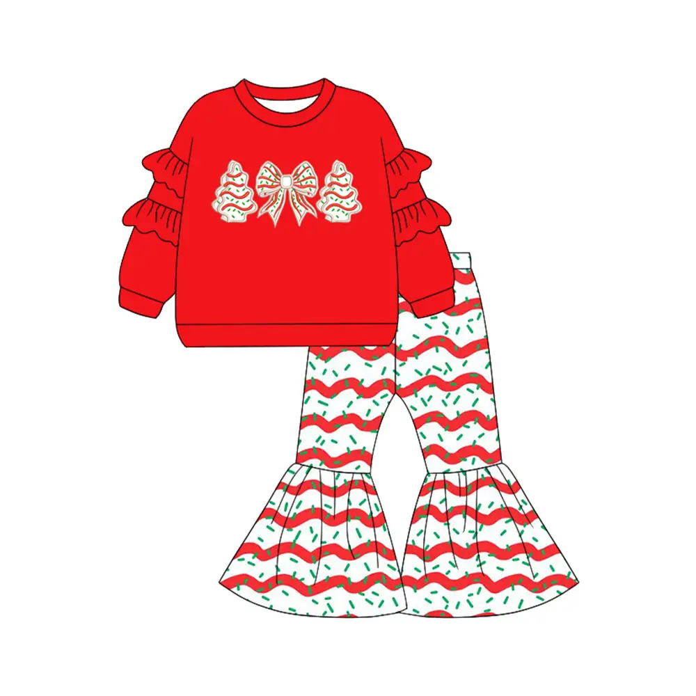 Girl Christmas Outfit Long Sleeve Christmas Tree Bow Print  Bell Bottom Pants Set Toddler Xmas Jumpsuit