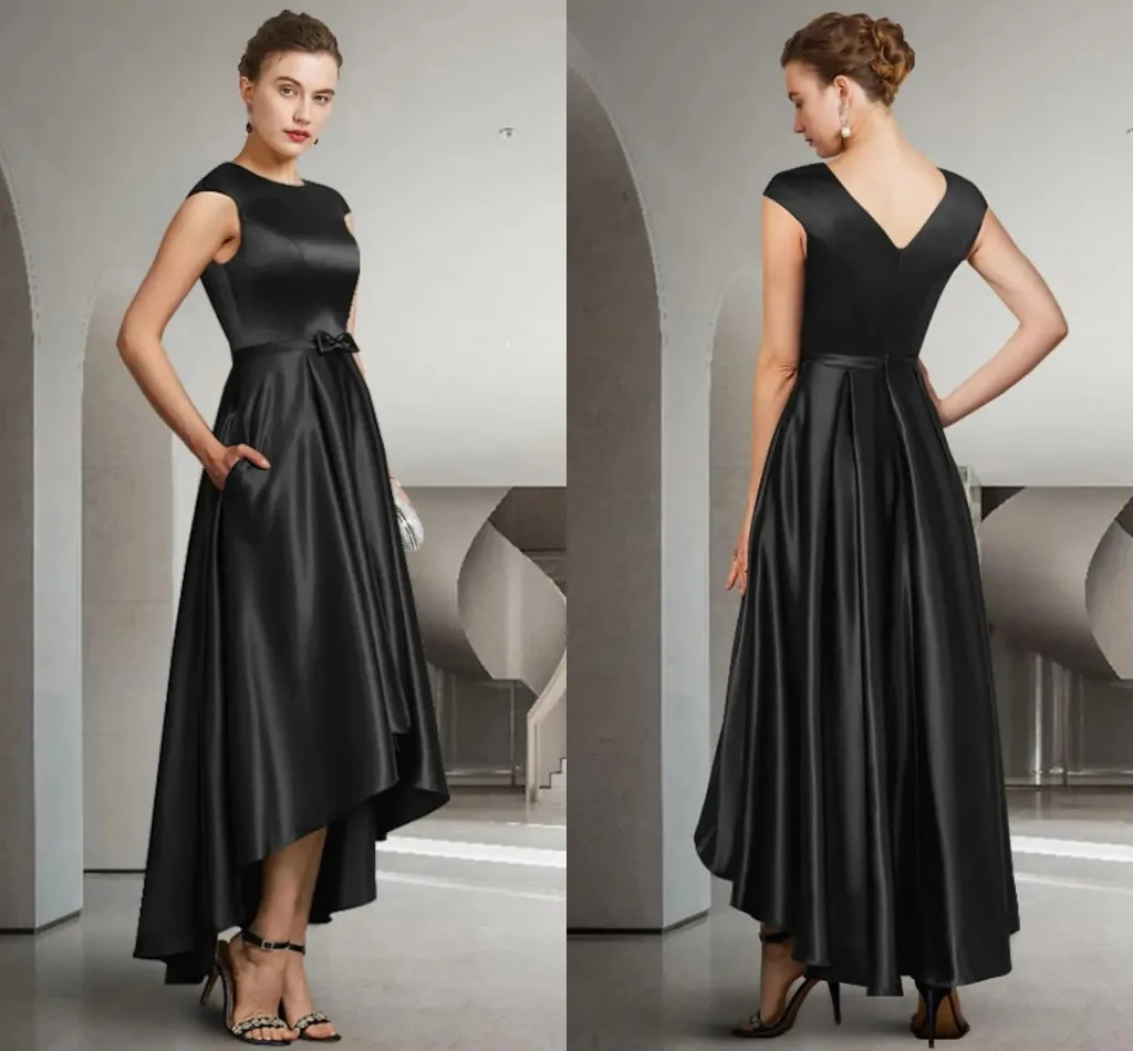 

2025 Black High Low Formal Prom Dress Jewel Asymmetrical Satin Sleeveless with Bow Evening Party Gowns Women Robe De Soirée