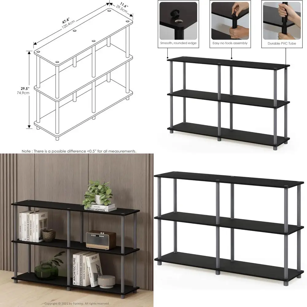 

3-Tier Wide 47.4 Bookshelf - Open Storage Rack for Living Room, Garage, Home Office - Black