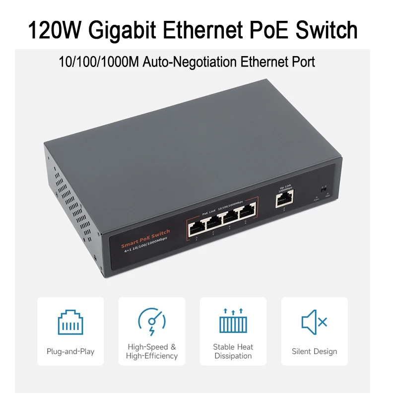 

120W Smart PoE Switch Gigabit Ethernet Network Switch, 4x PoE+ Ethernet Ports, High-Speed 10/100/1000M, 802.3af/at Compliant