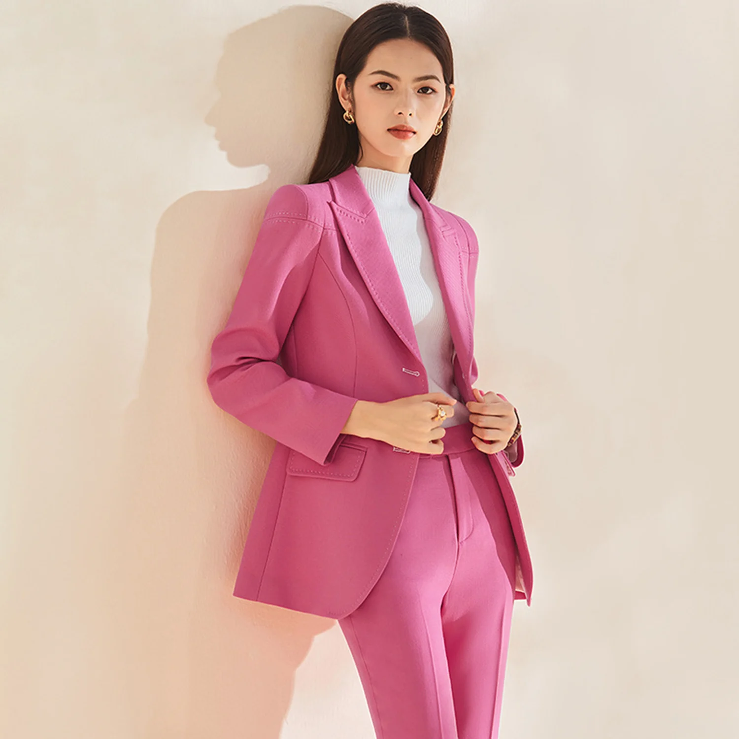 Allingentle Pink Women's Suit Slim Fit Business Pantsuit 2 Piece Suit Double-Breasted Blazer for Casual Office Customize