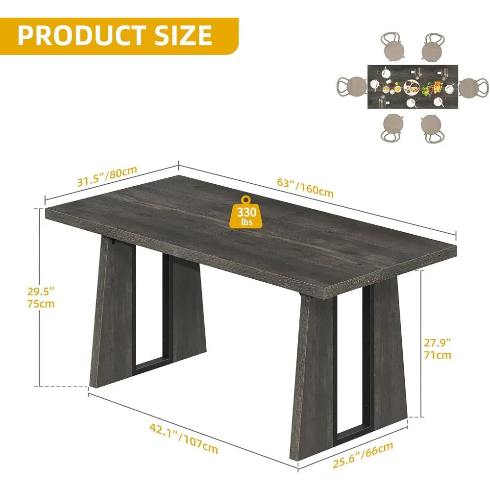 Rectangle Dining Table for 4-6 People 63 Inch Large Dining Room Table Wooden Dinner Table with Heavy Duty Legs for Kitchen Apar