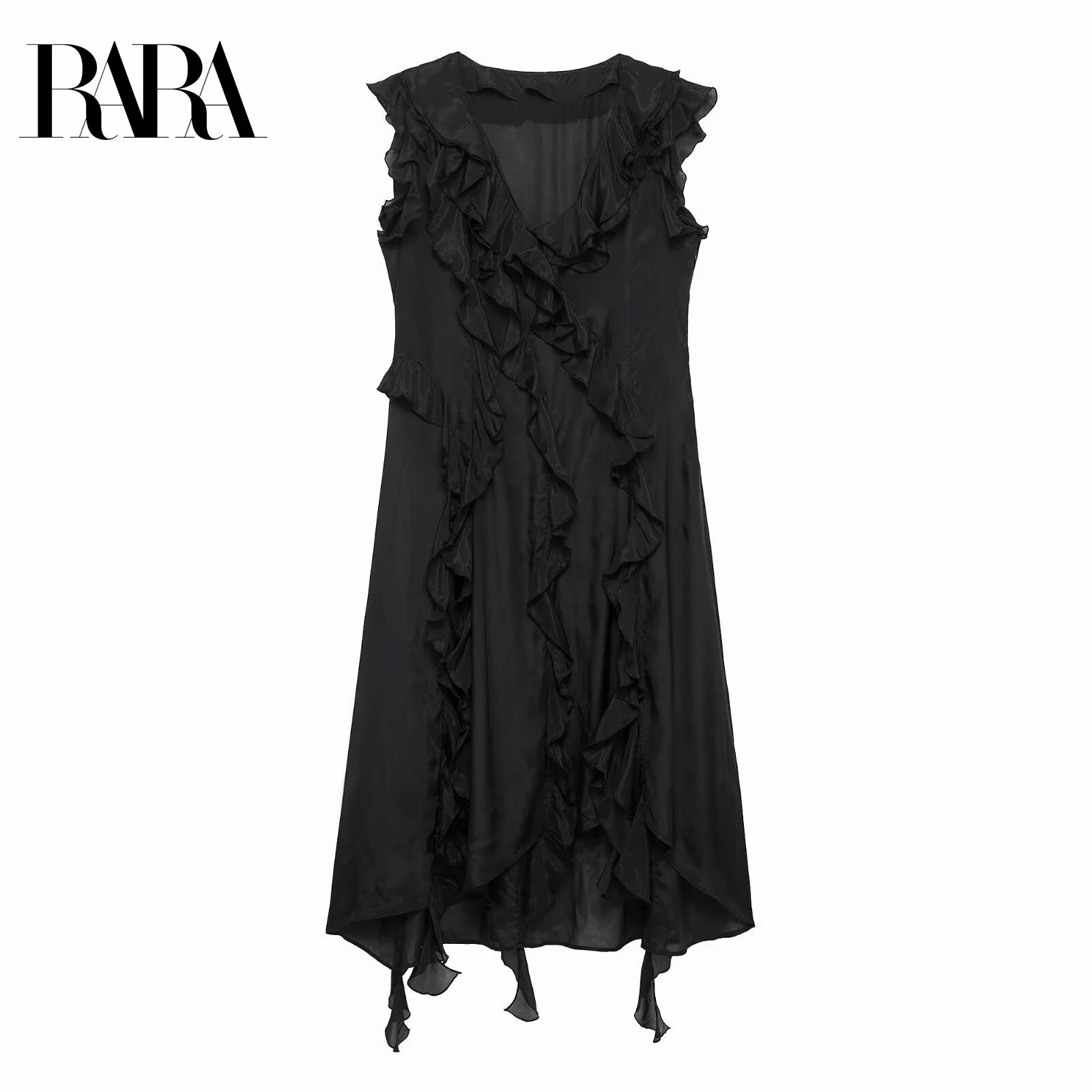 

RARA 2025 Women’s Sleeveless Ruffled V Neck Midi Dress with Asymmetric Hem Design Ideal for Daily Wear