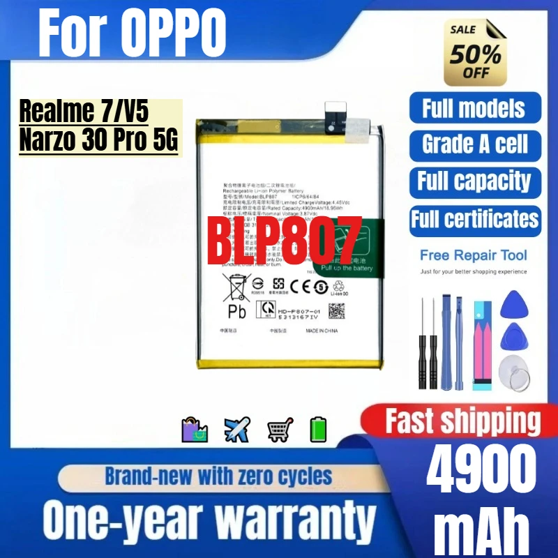 

BLP807 for OPPO Realme7/V5/Narzo 30 Pro 5G Phone Battery High Quality High Capacity Replacement Bateria Grade A Cell with Tools