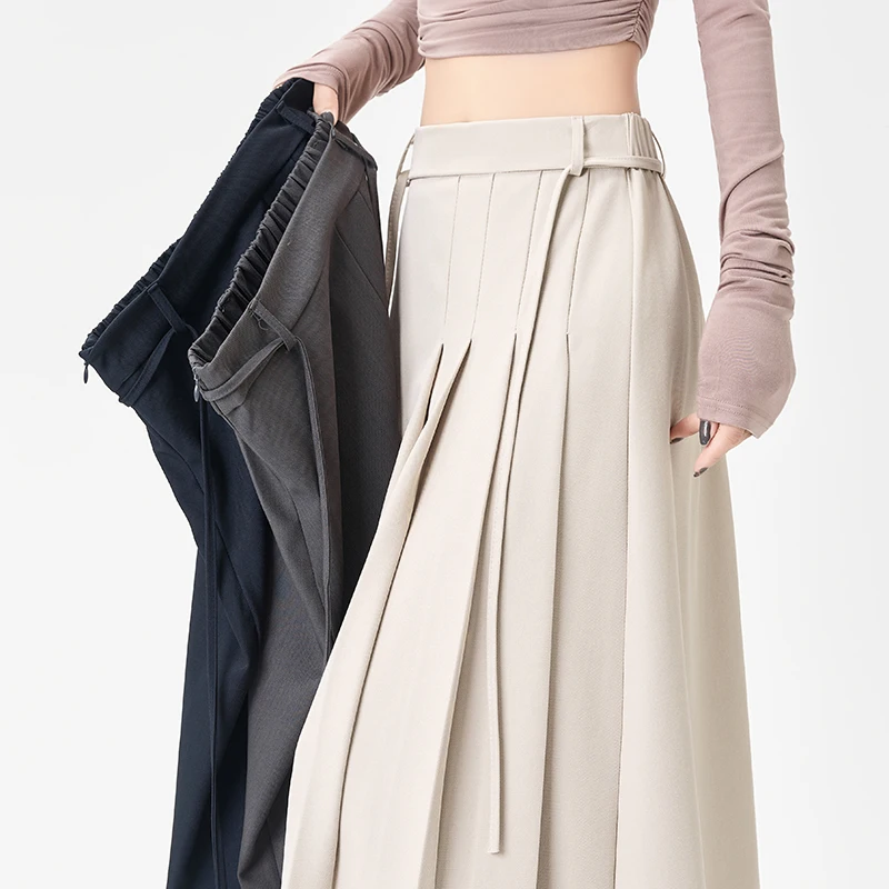 

Fluid Pleated Midi Skirt with Tie-Belt | Fall 2025 Women A-Line Skirt in Draped Suiting for a Slimming & Chic Office Look