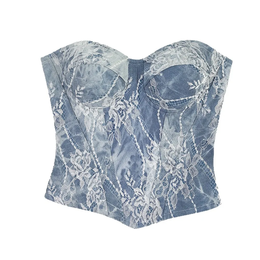 Denim & Lace Corset Tube Top, Vintage Floral Jacquard Bustier for Women, Sexy Backless Stretchy Camisole, Pure Aesthetic