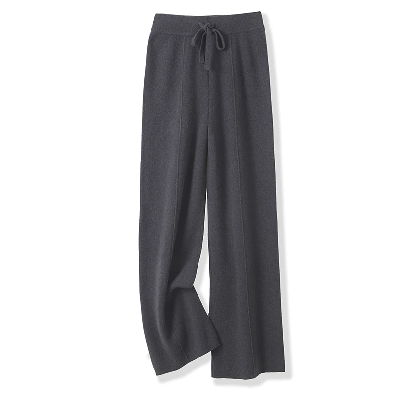 Pantalones de punto 100% lana merino para mujer, con cordones, a la moda, cálidos, nuevos otoño e invierno 2024