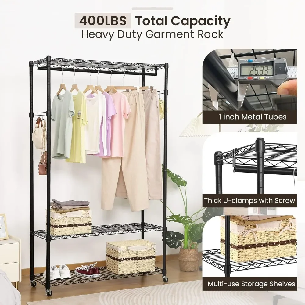 Garment Rack With 3 Tier Wire Adjustable Shelves Wardrobe Wardrobe Bedroom Furniture 2 Side Hooks 1 Hanging Rod Black Hanger