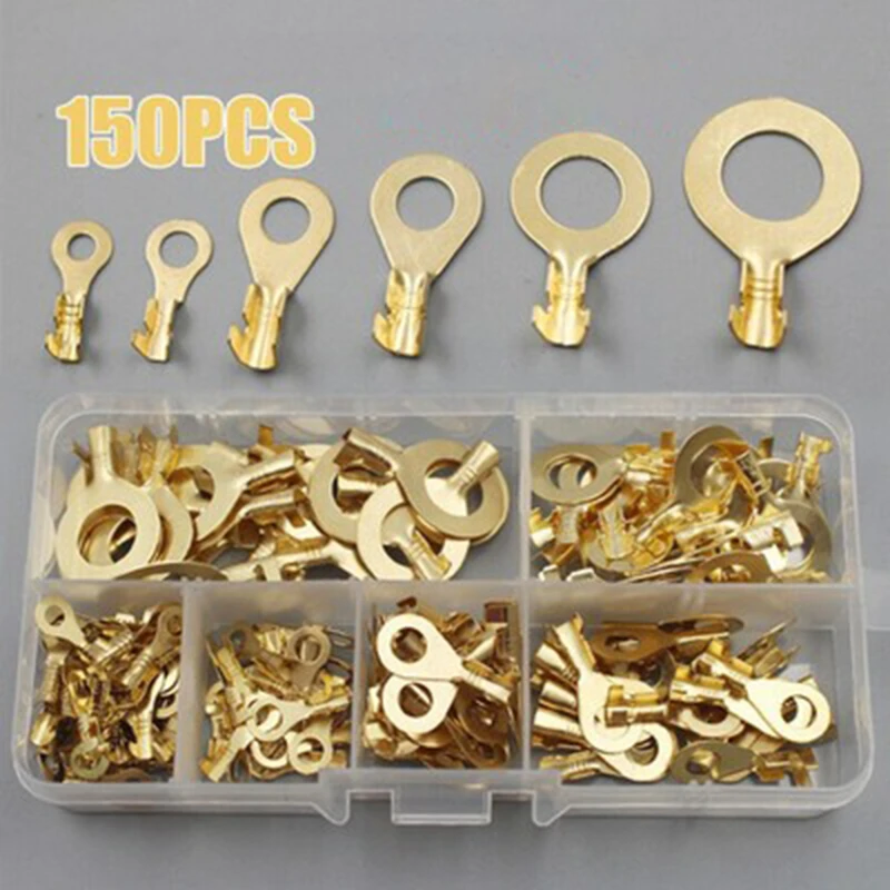 150pcs/set Round Terminal Block O-type Lugs Terminals Cold-Pressed Connector Copper Tab Wiring Nose Combination Set
