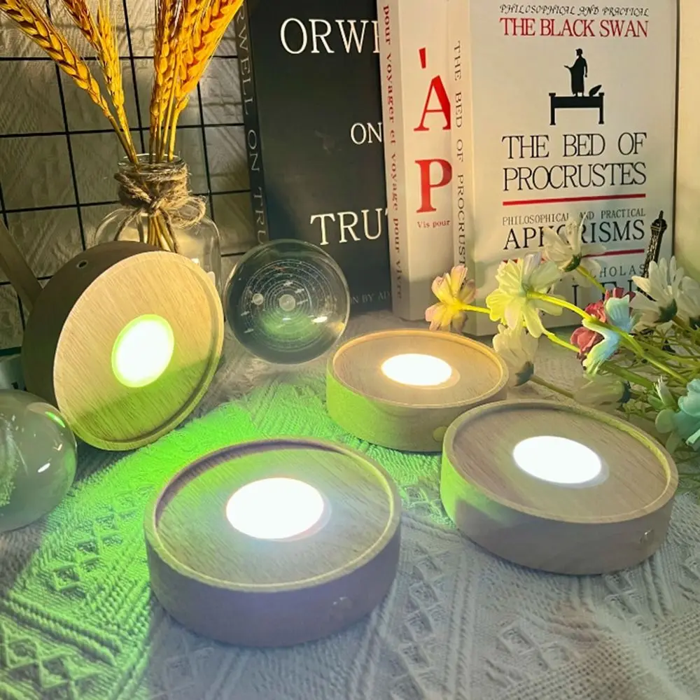 Round Wooden LED Light Base INS 10cm Rechargeable Lamp Holder Desktop Ornaments Modern USB Display Night Lamp Holder Bedroom