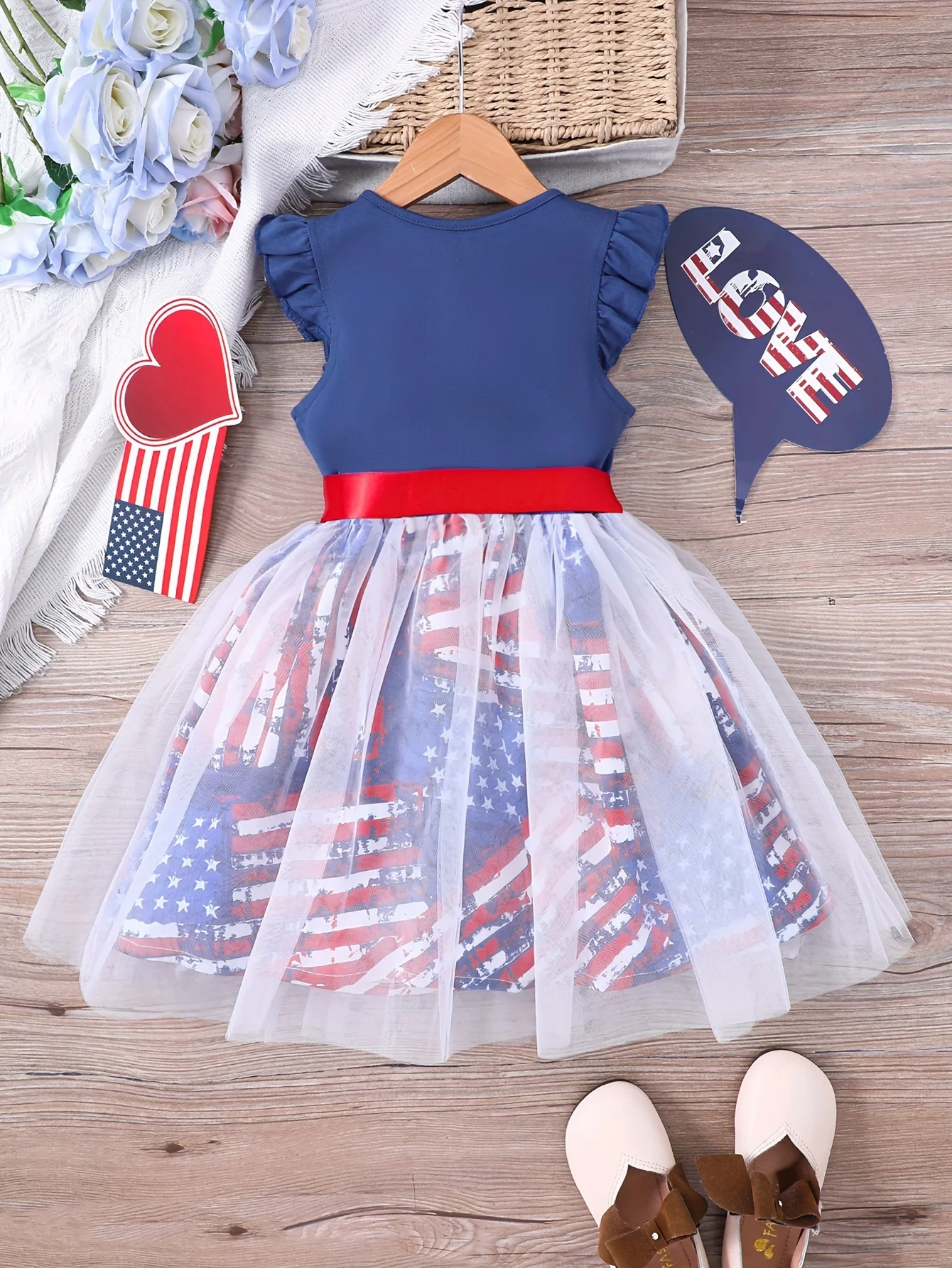 Girls' Spring and Summer Casual Fashion Cute Cartoon Print Mesh Dress with Ribbon, Independence Day Ruffled Round-Neck Princess Dress, Party Holiday Gift