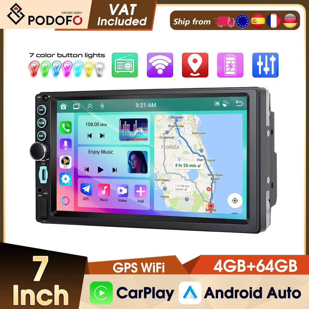 Podofo 2din 4+64G Lettore Multimediale per Auto con Carplay/Auto Mirror Link, Radio Stereo Universale da 7'' con Supporto per Telecamera Posteriore, FM/RDS