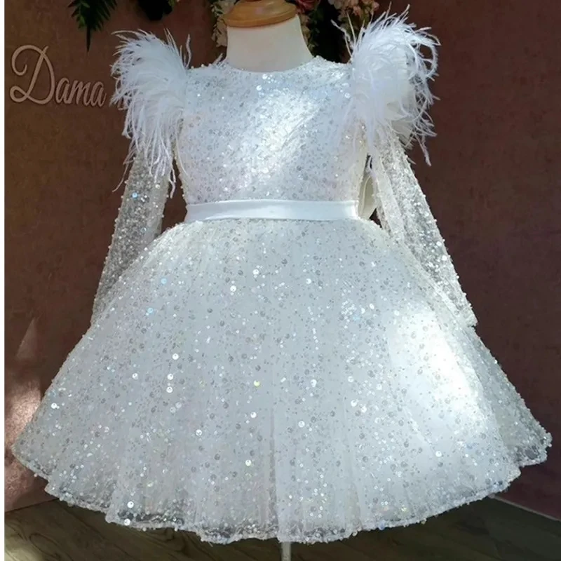 

Baby Girl Long sleeved 1st Birthday Party Wedding Dress For Girls Clothes feather beaded sequin Princess Baptismal kids Dress