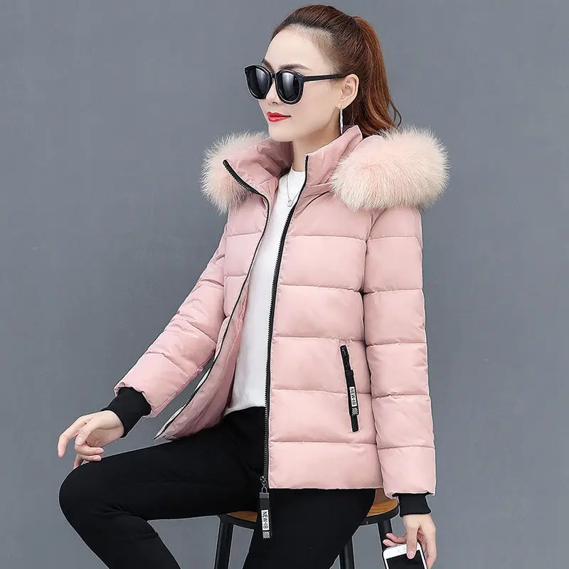 2022 New Winter Parkas Women Jacket Fur Collar Hooded Basic Coat Female Jacket Warm Zipper Short Cotton Padded Outerwear Coat