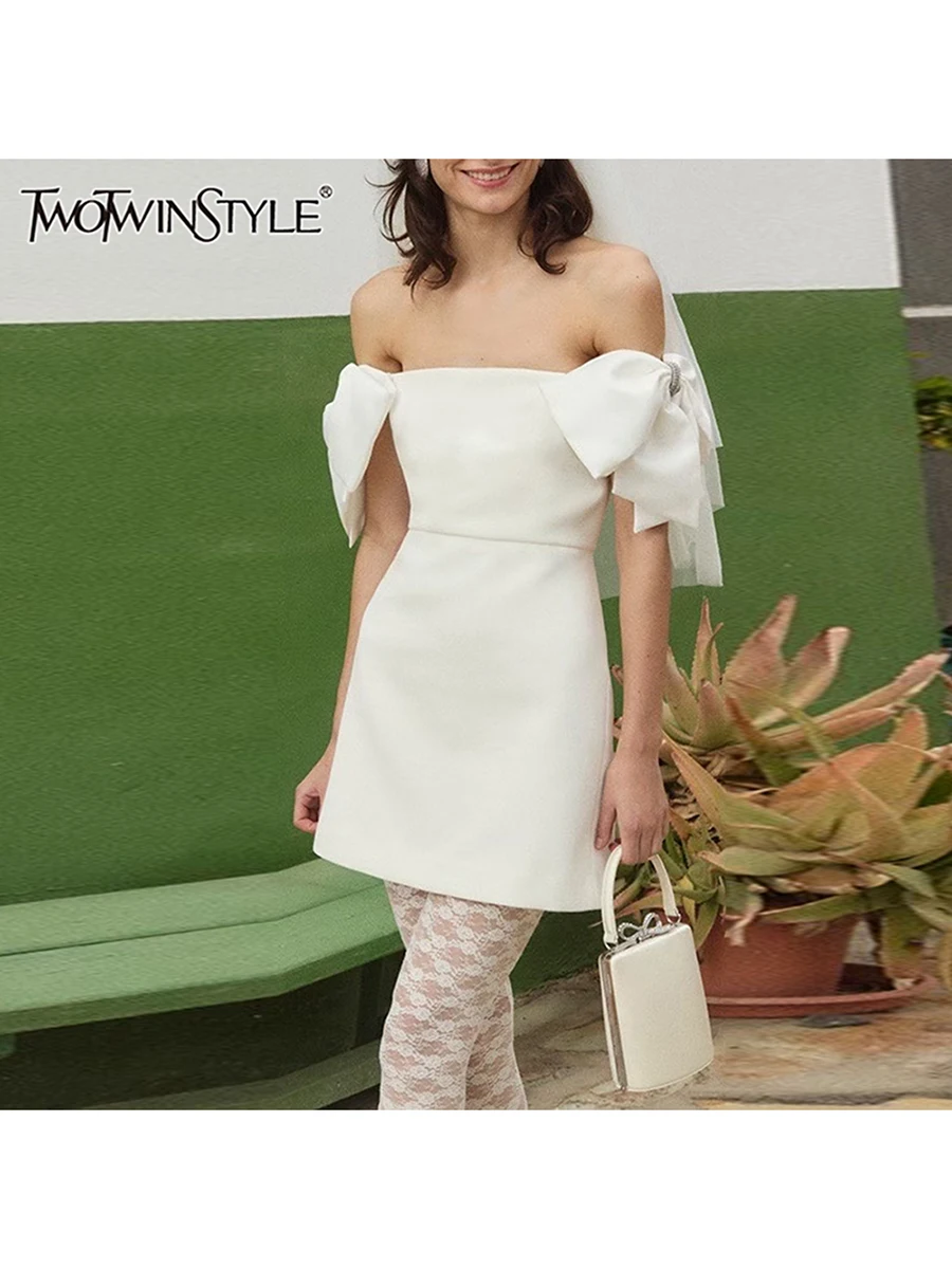 

TWOTWINSTYLE Solid Slimming Spliced Bowknot Mini Dresses for Women Slash Neck Short Sleeves Tunic Minimalist Dress Female New
