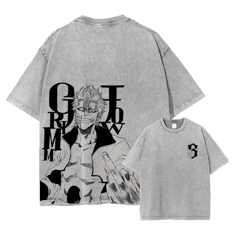 Anime Grimmjow T Shirt Manga Cartoon Bleach Vintage Washed DTG Tops Tees Harajuku Short Sleeve Oversized T-shirt 100% Cotton