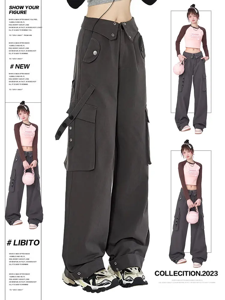 Women Wide Leg High Waisted Pants Leg Black with Pockets Pants 2024 New American Retro Loose Slimming Casual Work Trousers