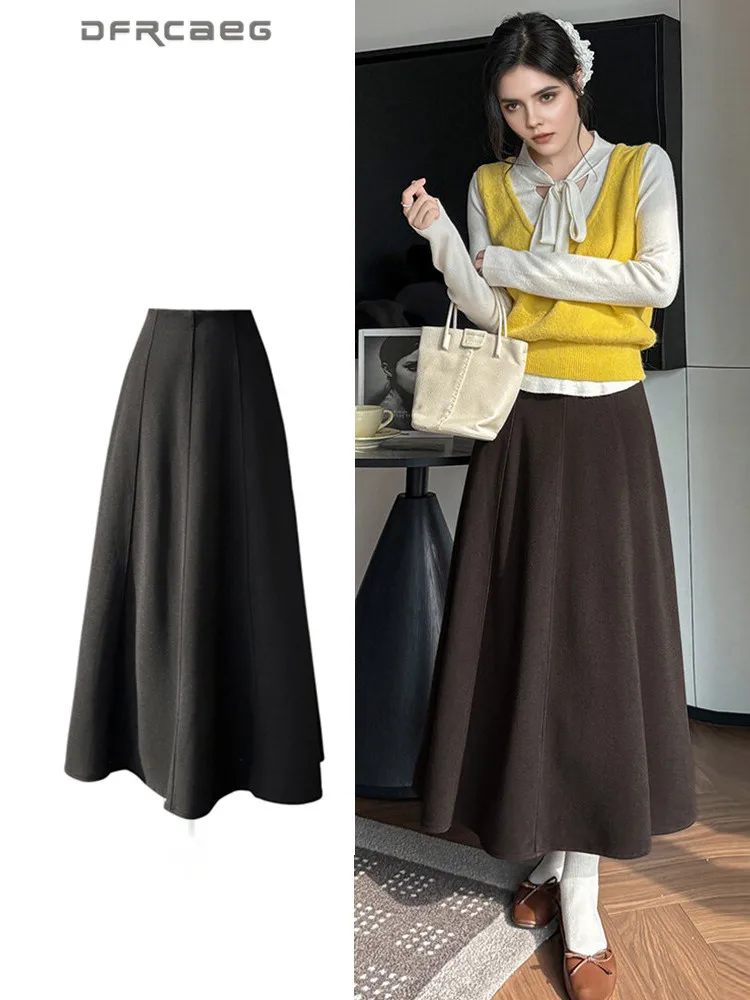 

Элегантная модная теплая длинная юбка с эластичной резинкой на талии для женщин, зимние большие свободные шерстяные юбки трапециевидной формы для женщин