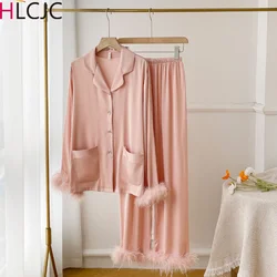 2024 New Autumn Luxury Women Feather Pajamas Set Soft Satin Silk Button Sleepwear Casual 2 Pieces Suit Breathable Loungewear