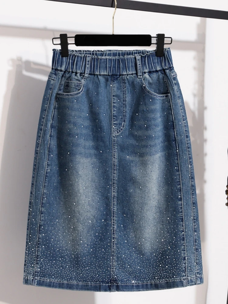 Denim Midi Skirts Women Plus Size Spring Summer Korean Casual High-Waisted A-Line Ladies Ruffle Jean Skirt Sequin Oversized 3XL