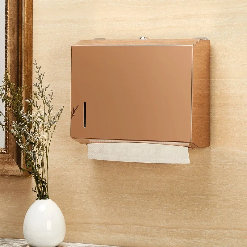 Golden Public Toilet Tissue Box Holder Rectangular Tissue Case Paper Dispenser Stainless Steel Wall-mounted Without Punching