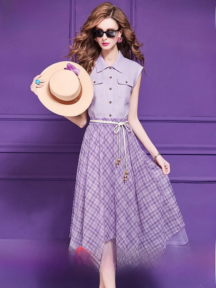 

Fashionable Short Sleeve Collar Shirt And Midi Skirt Set for Women Summer Collection Ageless Checkered Half-length Skirt