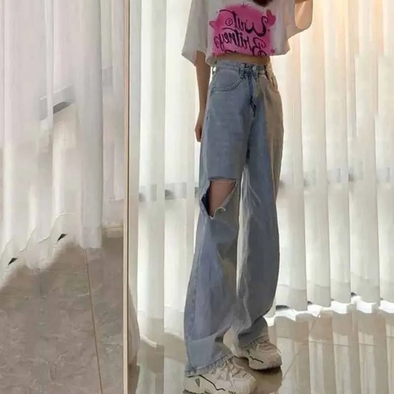 Jeans Women Hole Full Length Wide Leg Harajuku Streetwear Summer College Trendy Cool Casual Basic Trousers Empire Vintage Ins