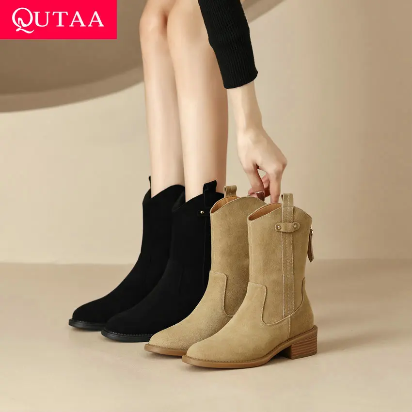 

QUTAA 2024 Western Short Boots Mid Calf Women Cow Suede Leather Thick Med Heels Autumn Winter Office Lady Shoes Woman Size 34-42