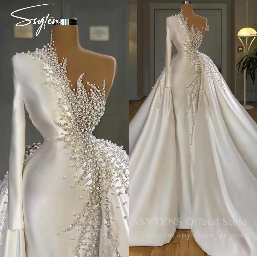 

Luxury Wedding Dresses 2025 Women Custom Occasion Bridal Gowns Custom Long Sleeve Beaded One Shoulder Dubai Arabic Bride Dress