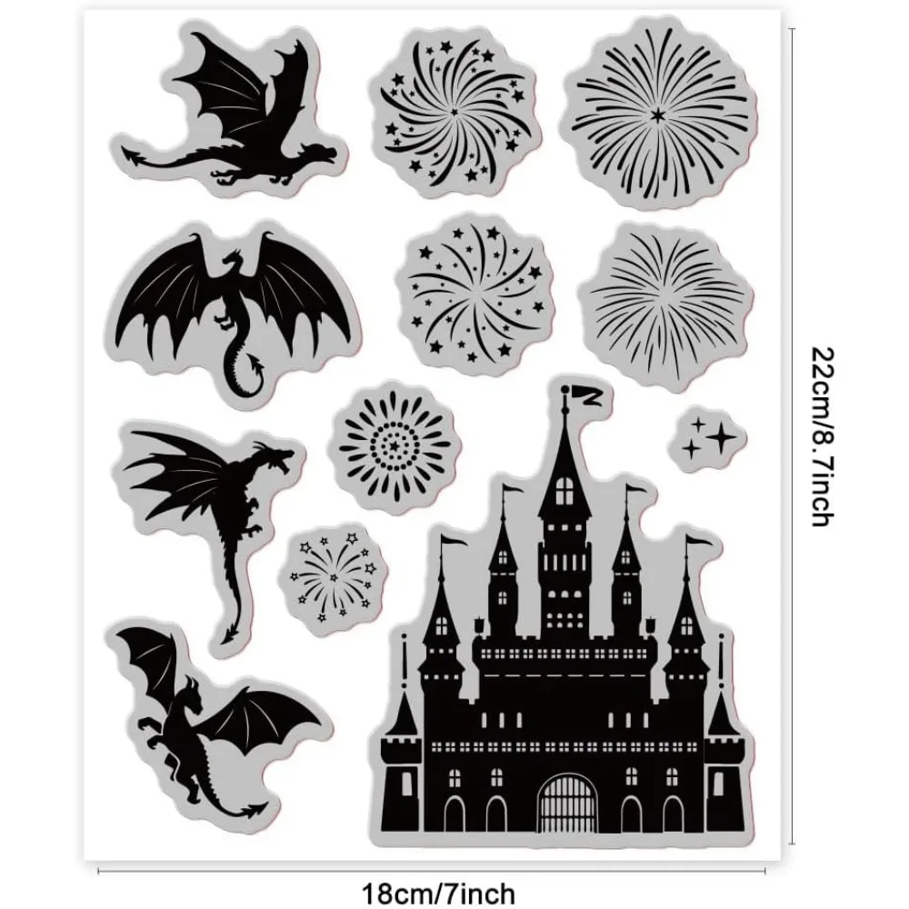 Vintage Castle Dragon Cling Rubber Stamp 7.09x8.66inch Castle Firework Clear Stamps Embossing Stamp Seal for DIY Scrapbooking