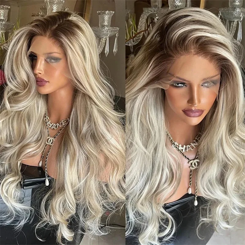 Cream Blonde Body Wave Lace Front Wig Ombre Ash Blonde Dark Roots 200% Density Salon Hair 13x4 HD Lace Front Wig For White Women