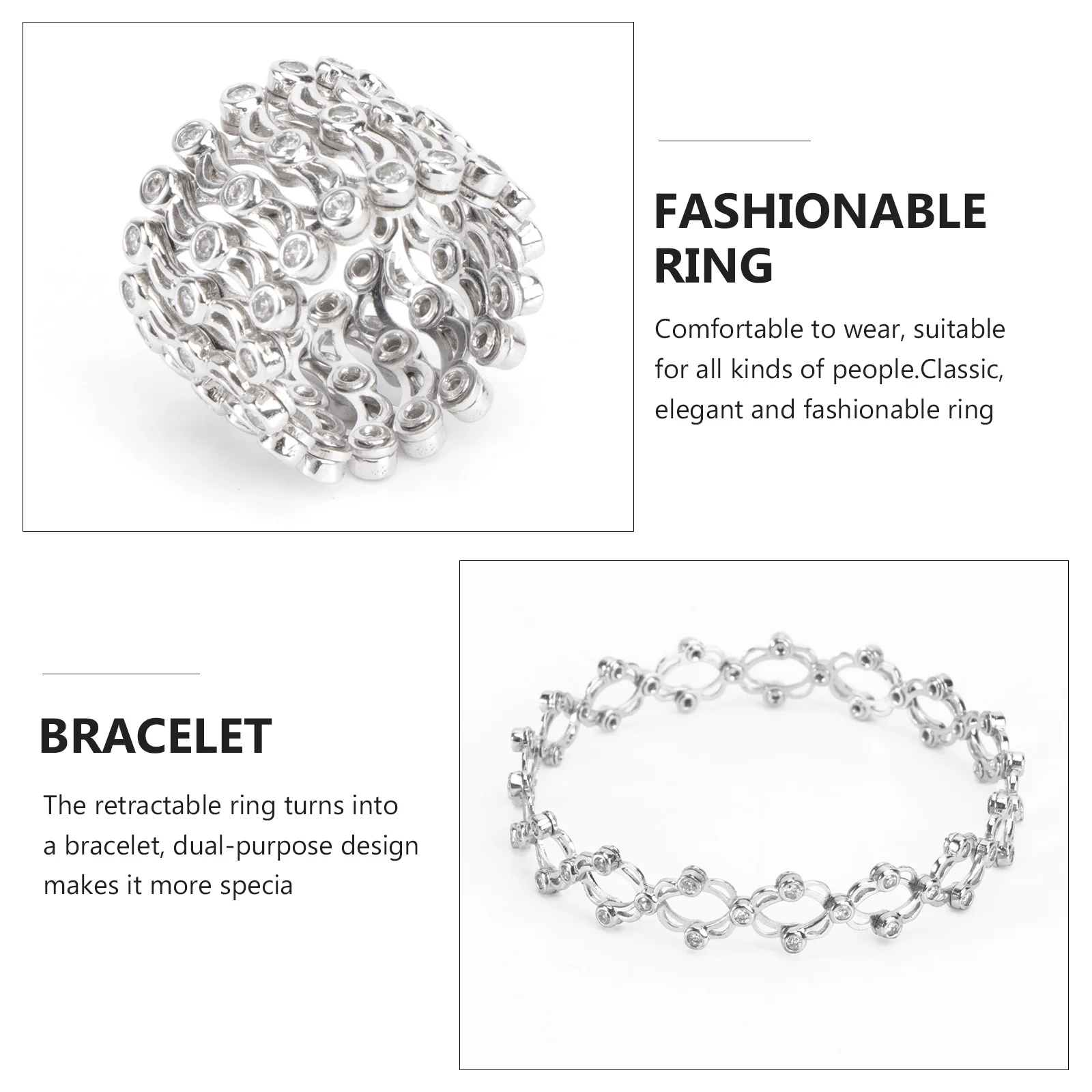 

Stylish Stretchable Ring Female 2 In 1 Bracelet Silver Rhinestone Transformable Finger Jewelry Dual Purpose Hand Chic Accessory