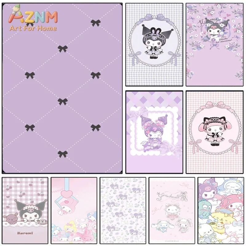 Sanrio Kuromi Canvas Wall Art Unframed Print Purple Plaid Bow Sweet Lolita Cute Cartoon Poster for Bedroom Dorm Home Interior
