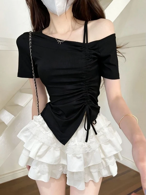 

Summer Outfit Cake Skirt Two-Piece Set Women's Ballet Style Sweet First Love Top Fluffy Skirt High Waist Short Sleeve T-Shirt
