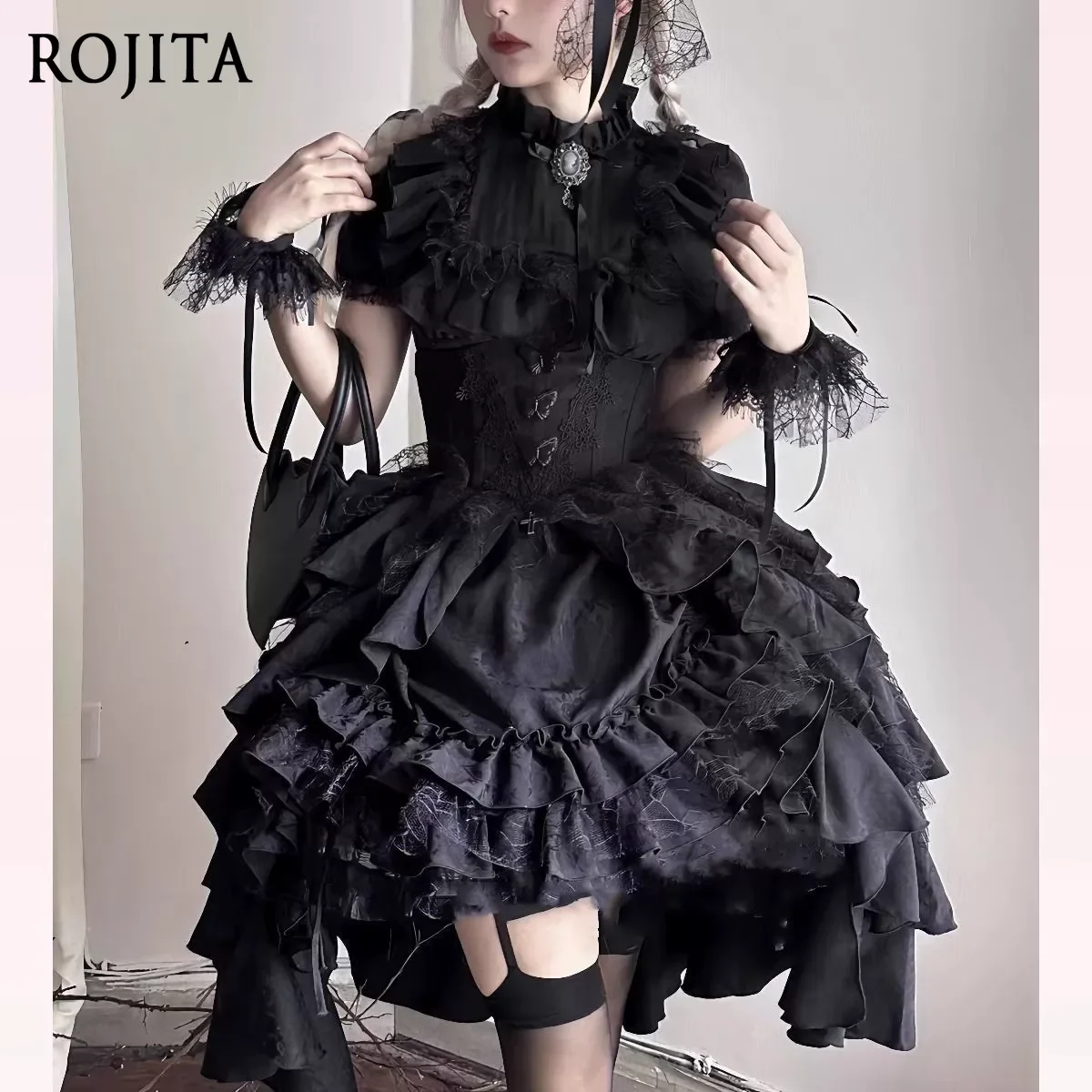 

Dark Gothic Lolita Black and White Short Sleeve Shirt Halloween Skirt Sets Women's Top and Lift Skirt Set Lolita Cos Costume