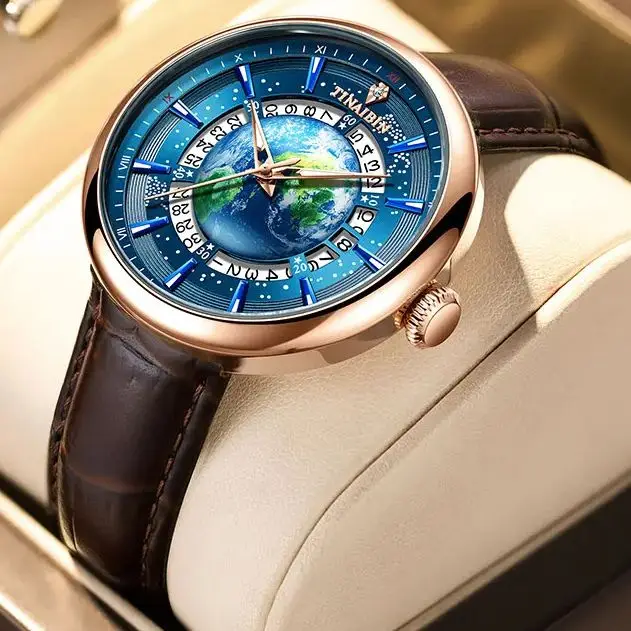 Brown Leather Earth Design Mechanical Wrist Watch Rose Gold Waterproof Luminous Dial 기계식 손목시계