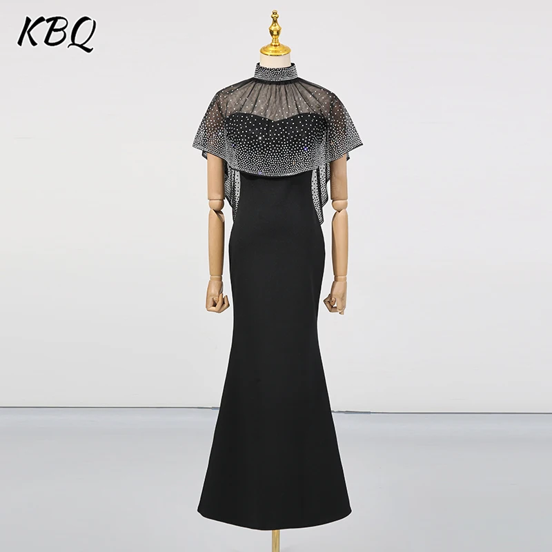 

KBQ Solid Temperament Two Piece Sets for Women Stand Collar Cloak Strapless Sleeveless Slimming Dress Chic Set Female Fashion