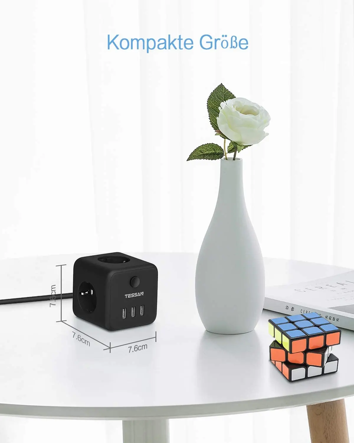 TESSAN Listwa zasilająca z wieloma gniazdami i 3 gniazdami 3 USB EU Plug Cube Gniazdo elektryczne z przełącznikiem Przedłużacz 1,5 m do domu