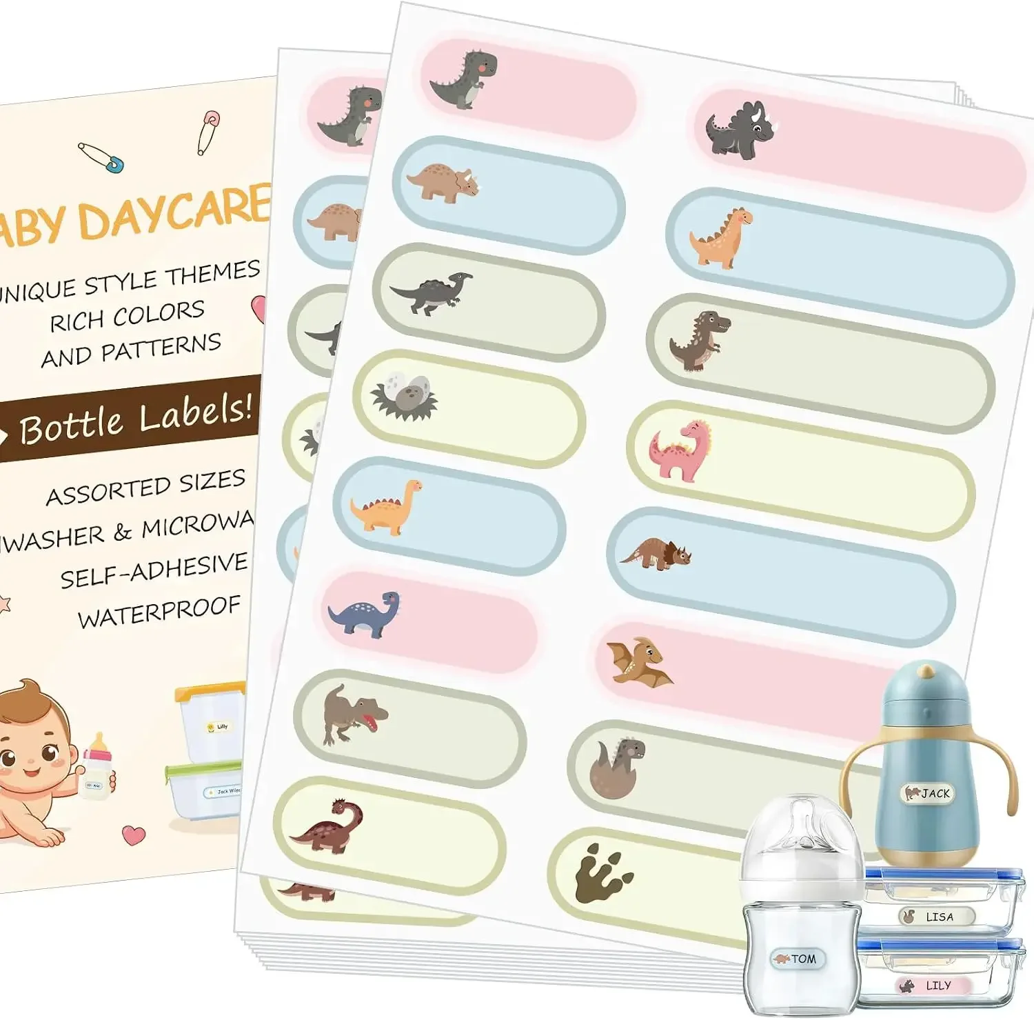 

480Pcs Waterproof Baby Bottle Labels for Daycare, Cute Dinosaur Name Stickers for Kids Essentials