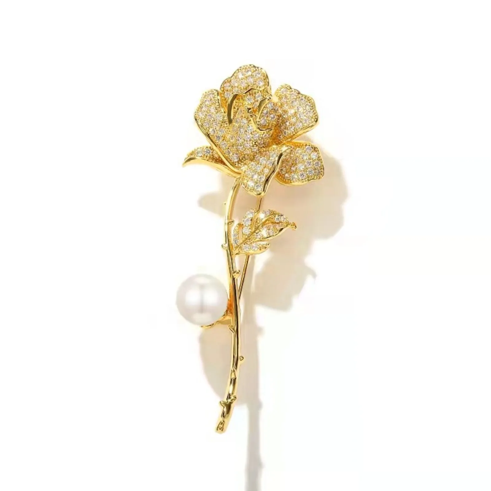 Golden Tulip Flower Imitation Pearl Brooch Shiny CZ Full Of Rhinestone Women's Brooches Metal Pins Party Badge Jewelry Gifts