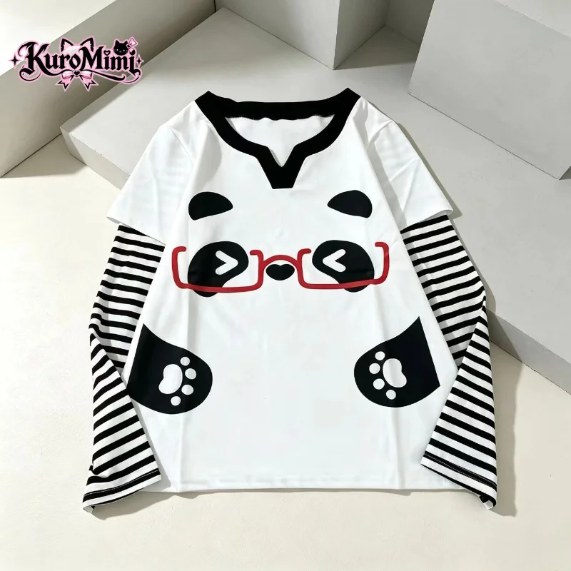 Women Japanese Kawaii Panda Print Faux Two Piece Striped Sleeve Tee V Neck Soft Girl Oversized Cozy Anime Y2K Egirl Hot Harajuku